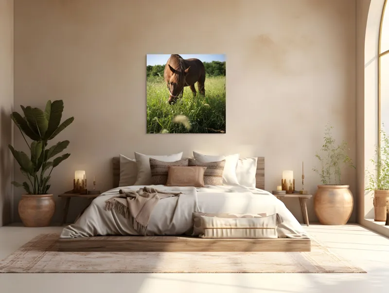 Tablou Canvas, "Cal păscând în lumina dimineții", Cal, Păr, Verdeață, Cer, Căldură, Calm, Natură, Peisaj, Blândețe, Lumină, 100 x 100 cm – poza 4