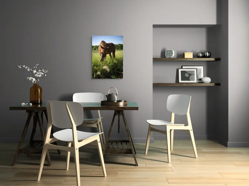 Tablou Canvas, "Cal păscând în lumina dimineții", Cal, Păr, Verdeață, Cer, Căldură, Calm, Natură, Peisaj, Blândețe, Lumină, 50 x 70 cm – poza 5