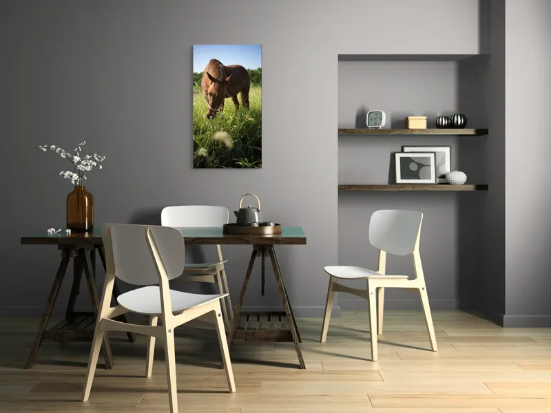 Tablou Canvas, "Cal păscând în lumina dimineții", Cal, Păr, Verdeață, Cer, Căldură, Calm, Natură, Peisaj, Blândețe, Lumină, 50 x 90 cm – poza 4