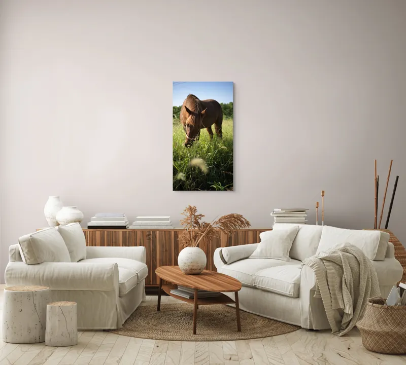Tablou Canvas, "Cal păscând în lumina dimineții", Cal, Păr, Verdeață, Cer, Căldură, Calm, Natură, Peisaj, Blândețe, Lumină, 50 x 90 cm – poza 7