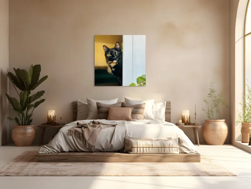 Tablou Canvas, "Pisica misterioasă în pragul ușii", Pisică, Blană, Fereastră, Privire, Curiozitate, Verdeață, Interior, Întuneric, Luminos, Relaxare, 100 x 100 cm – poza 4