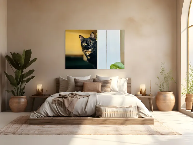 Tablou Canvas, "Pisica misterioasă în pragul ușii", Pisică, Blană, Fereastră, Privire, Curiozitate, Verdeață, Interior, Întuneric, Luminos, Relaxare, 150 x 100 cm – poza 4