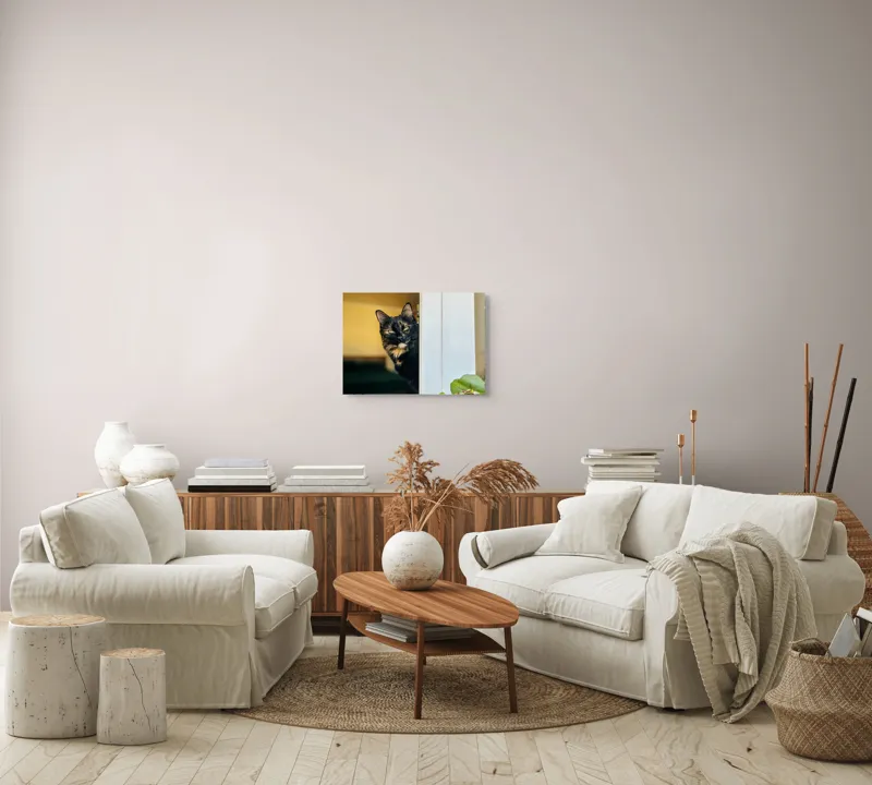 Tablou Canvas, "Pisica misterioasă în pragul ușii", Pisică, Blană, Fereastră, Privire, Curiozitate, Verdeață, Interior, Întuneric, Luminos, Relaxare, 54 x 39 cm – poza 5