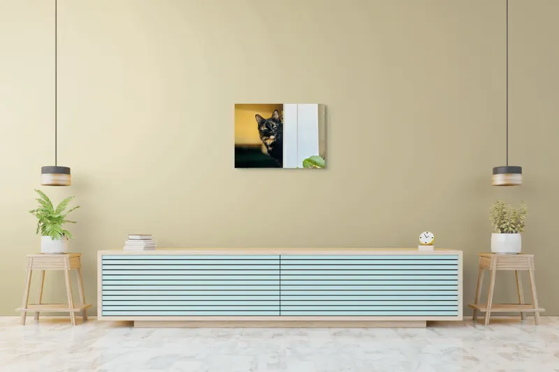 Tablou Canvas, "Pisica misterioasă în pragul ușii", Pisică, Blană, Fereastră, Privire, Curiozitate, Verdeață, Interior, Întuneric, Luminos, Relaxare, 70 x 50 cm – poza 7
