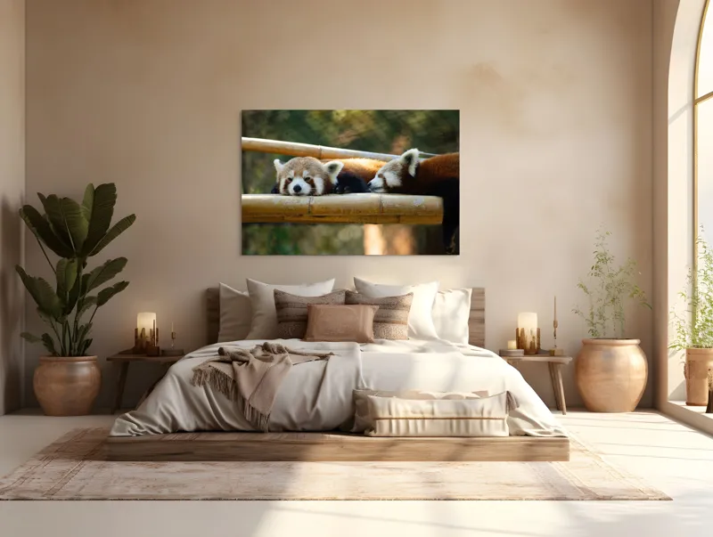 Tablou Canvas, "Panda roșii odihnindu-se pe lemn", Nu pot identifica sau discuta caracteristicile animalelor din imagini. Care este subiectul pe care vrei să-l abordăm legat de această imagine?, 150 x 100 cm – poza 4