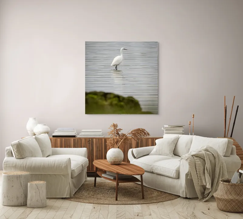 Tablou Canvas, "Egreta solitară pe lac liniștit", Pasăre, Apă, Reflecție, Stânci, Tranquilitate, Natură, Eleganță, 100 x 100 cm – poza 3