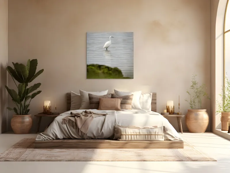 Tablou Canvas, "Egreta solitară pe lac liniștit", Pasăre, Apă, Reflecție, Stânci, Tranquilitate, Natură, Eleganță, 100 x 100 cm – poza 4