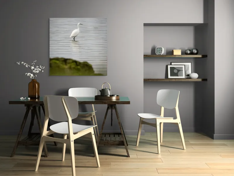 Tablou Canvas, "Egreta solitară pe lac liniștit", Pasăre, Apă, Reflecție, Stânci, Tranquilitate, Natură, Eleganță, 100 x 100 cm – poza 6