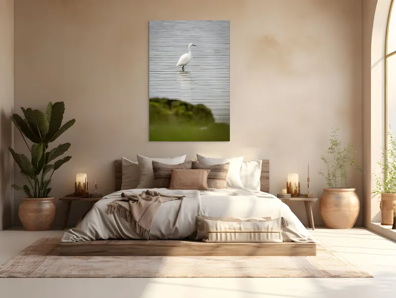 Tablou Canvas, "Egreta solitară pe lac liniștit", Pasăre, Apă, Reflecție, Stânci, Tranquilitate, Natură, Eleganță, 100 x 150 cm – poza 3