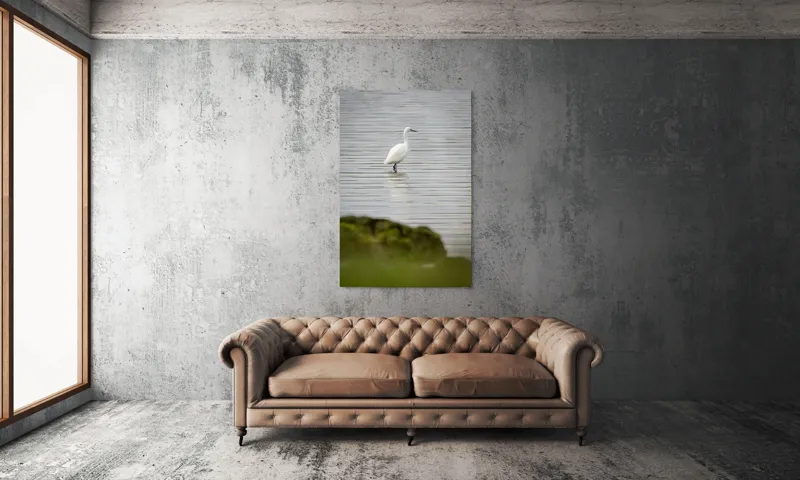 Tablou Canvas, "Egreta solitară pe lac liniștit", Pasăre, Apă, Reflecție, Stânci, Tranquilitate, Natură, Eleganță, 100 x 150 cm – poza 6