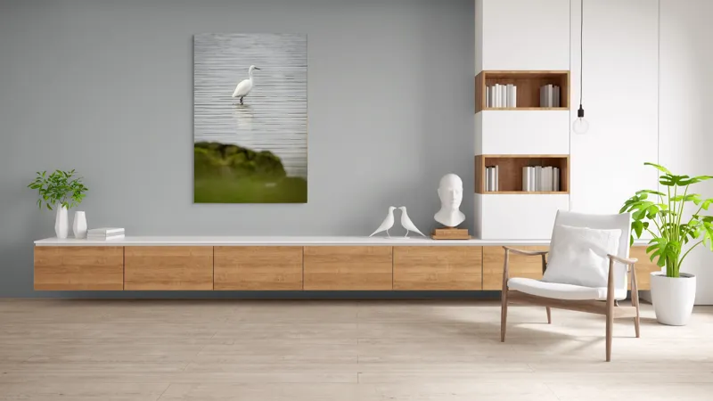 Tablou Canvas, "Egreta solitară pe lac liniștit", Pasăre, Apă, Reflecție, Stânci, Tranquilitate, Natură, Eleganță, 100 x 150 cm – poza 8