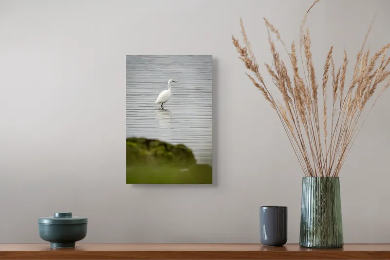 Tablou Canvas, "Egreta solitară pe lac liniștit", Pasăre, Apă, Reflecție, Stânci, Tranquilitate, Natură, Eleganță, 26 x 39 cm – poza 5