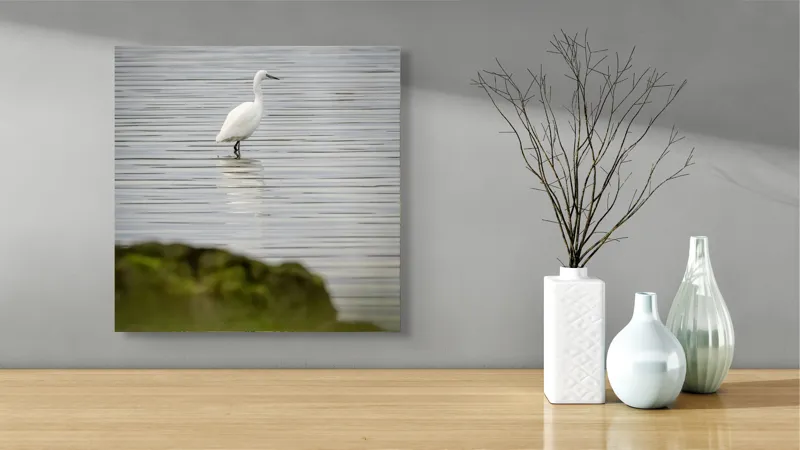 Tablou Canvas, "Egreta solitară pe lac liniștit", Pasăre, Apă, Reflecție, Stânci, Tranquilitate, Natură, Eleganță, 50 x 50 cm – poza 3