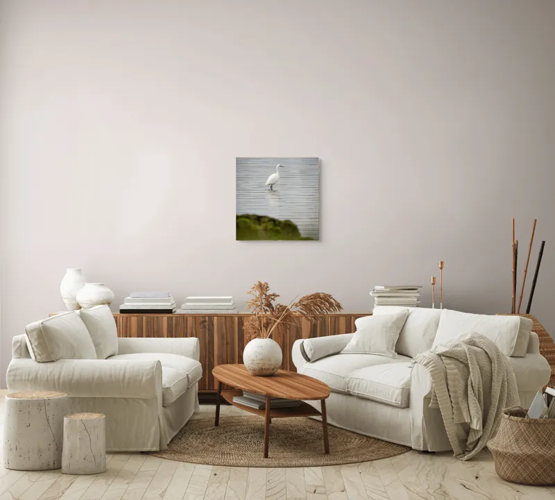 Tablou Canvas, "Egreta solitară pe lac liniștit", Pasăre, Apă, Reflecție, Stânci, Tranquilitate, Natură, Eleganță, 50 x 50 cm – poza 7