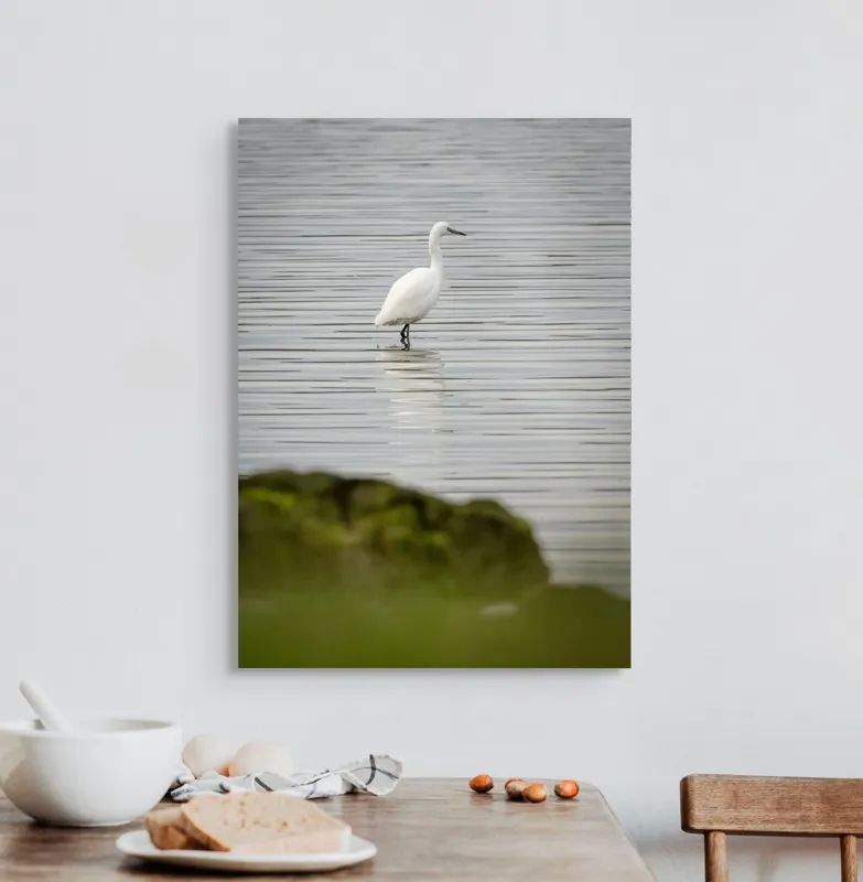Tablou Canvas, "Egreta solitară pe lac liniștit", Pasăre, Apă, Reflecție, Stânci, Tranquilitate, Natură, Eleganță, 50 x 70 cm – poza 3