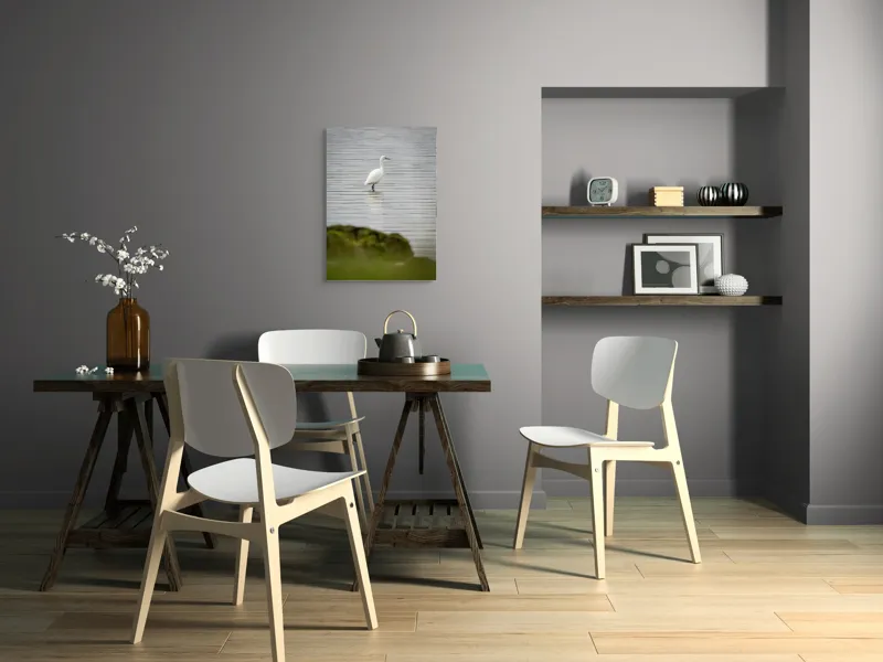 Tablou Canvas, "Egreta solitară pe lac liniștit", Pasăre, Apă, Reflecție, Stânci, Tranquilitate, Natură, Eleganță, 50 x 70 cm – poza 5