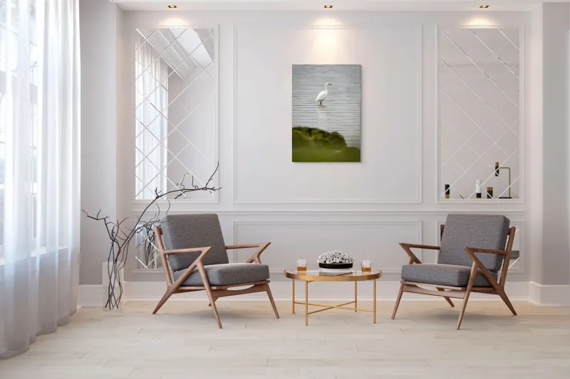 Tablou Canvas, "Egreta solitară pe lac liniștit", Pasăre, Apă, Reflecție, Stânci, Tranquilitate, Natură, Eleganță, 70 x 100 cm – poza 8