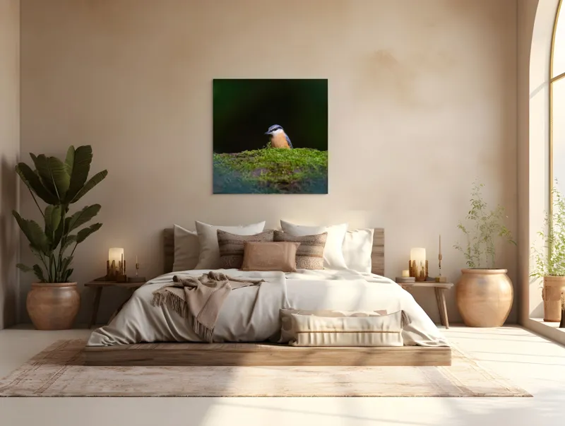 Tablou Canvas, "Taina vieții pe ramura verde", Pasăre, Molid, Mușchi, Verde, Pene, Natural, Seren, Tihnă, Observare, Liniște, 100 x 100 cm – poza 4