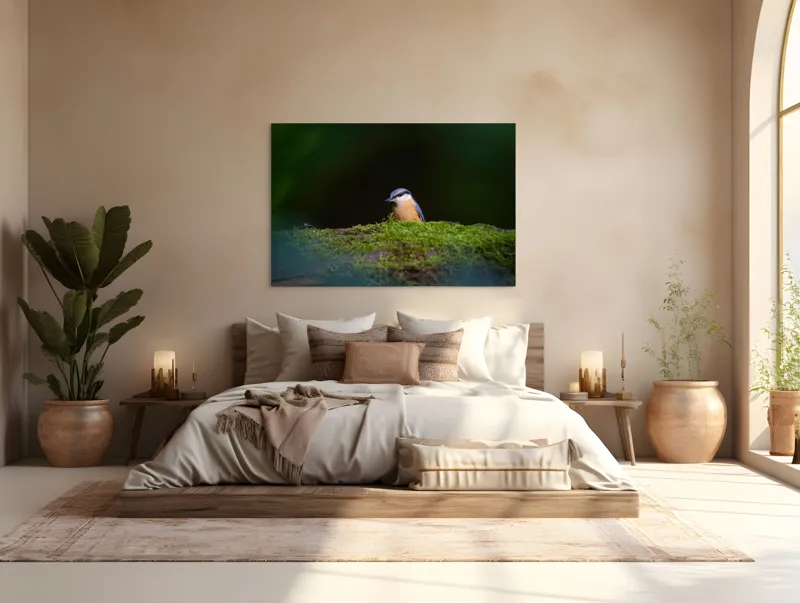 Tablou Canvas, "Taina vieții pe ramura verde", Pasăre, Molid, Mușchi, Verde, Pene, Natural, Seren, Tihnă, Observare, Liniște, 150 x 100 cm – poza 4