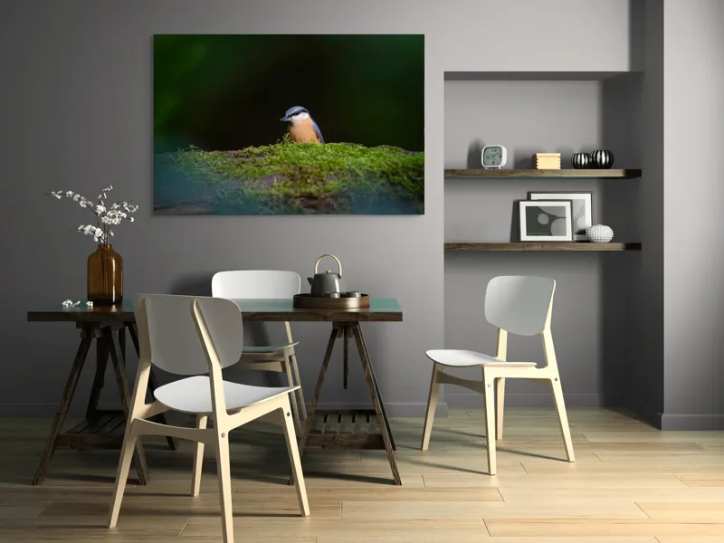 Tablou Canvas, "Taina vieții pe ramura verde", Pasăre, Molid, Mușchi, Verde, Pene, Natural, Seren, Tihnă, Observare, Liniște, 150 x 100 cm – poza 5