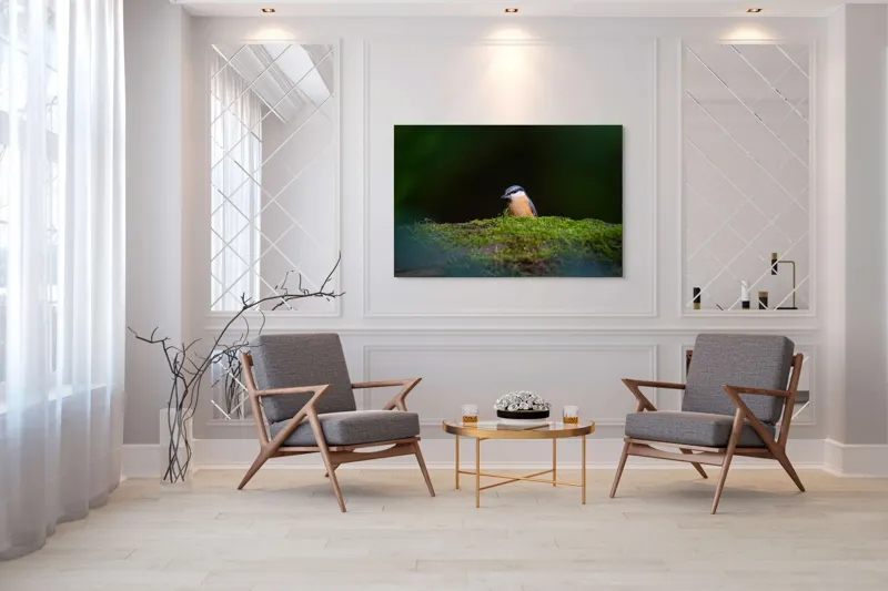 Tablou Canvas, "Taina vieții pe ramura verde", Pasăre, Molid, Mușchi, Verde, Pene, Natural, Seren, Tihnă, Observare, Liniște, 150 x 100 cm – poza 7