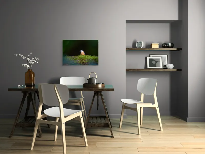 Tablou Canvas, "Taina vieții pe ramura verde", Pasăre, Molid, Mușchi, Verde, Pene, Natural, Seren, Tihnă, Observare, Liniște, 70 x 50 cm – poza 5