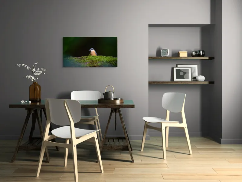 Tablou Canvas, "Taina vieții pe ramura verde", Pasăre, Molid, Mușchi, Verde, Pene, Natural, Seren, Tihnă, Observare, Liniște, 90 x 50 cm – poza 3