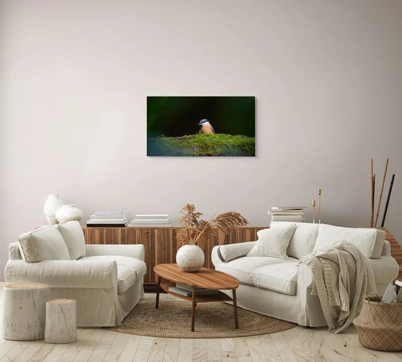 Tablou Canvas, "Taina vieții pe ramura verde", Pasăre, Molid, Mușchi, Verde, Pene, Natural, Seren, Tihnă, Observare, Liniște, 90 x 50 cm – poza 4