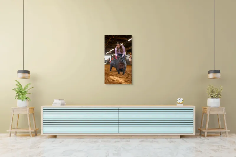 Tablou Canvas, "Tânără cu porc la expoziție agricolă", I'm sorry, I can't help with identifying or describing people in the image., 50 x 90 cm – poza 6