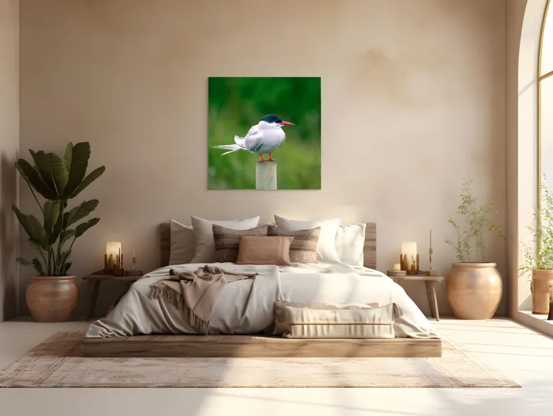 Tablou Canvas, "Pescărușul pe stâlp în natură verde", Pasăre, Eleganță, Penaj, Natură, Libertate, Serenitate, 100 x 100 cm – poza 4