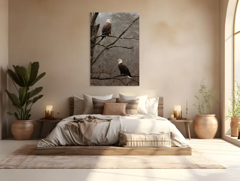 Tablou Canvas, "Vulturi semeți pe ramura uscată", Acvilă, Ramură, Copac, Natură, Cer, Pădure, Frunze, Frig, Vânt, Penaj, 100 x 150 cm – poza 3