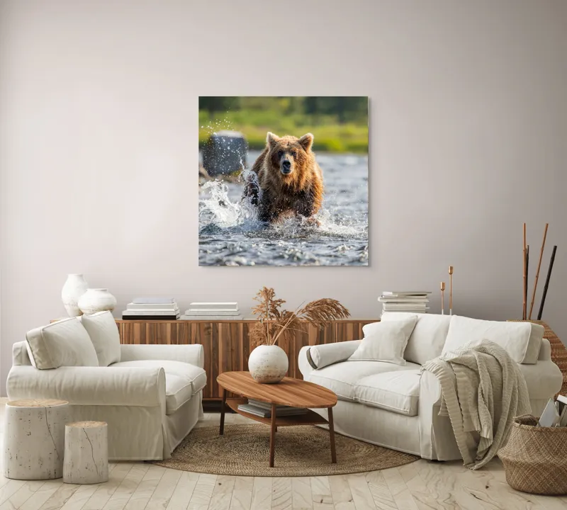 Tablou Canvas, "Ursul în bătaia valurilor repezi", Apă, Urs, Sălbăticie, Natură, Aventurează, Stropi, Putere, Concentrare, Culoare, 100 x 100 cm – poza 3