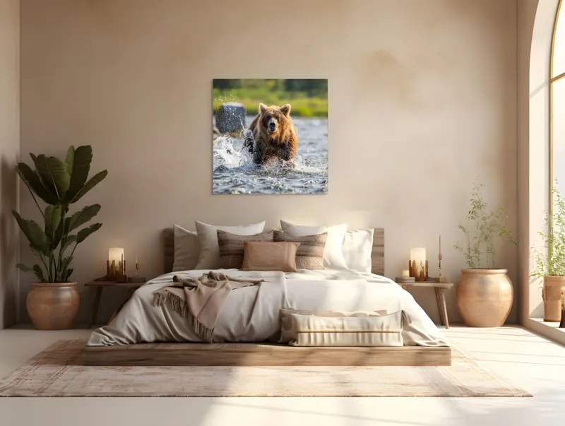 Tablou Canvas, "Ursul în bătaia valurilor repezi", Apă, Urs, Sălbăticie, Natură, Aventurează, Stropi, Putere, Concentrare, Culoare, 100 x 100 cm – poza 4