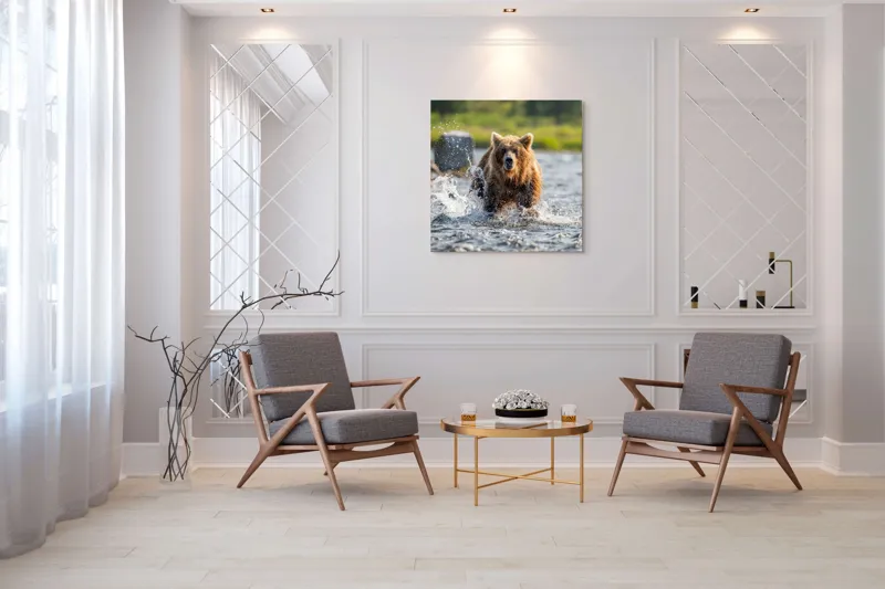 Tablou Canvas, "Ursul în bătaia valurilor repezi", Apă, Urs, Sălbăticie, Natură, Aventurează, Stropi, Putere, Concentrare, Culoare, 100 x 100 cm – poza 7