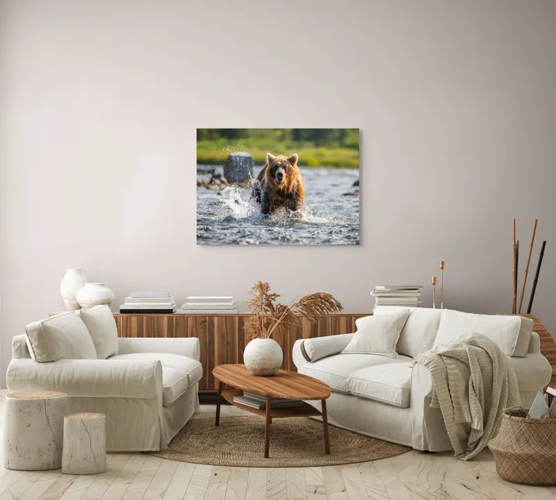 Tablou Canvas, "Ursul în bătaia valurilor repezi", Apă, Urs, Sălbăticie, Natură, Aventurează, Stropi, Putere, Concentrare, Culoare, 100 x 70 cm – poza 3