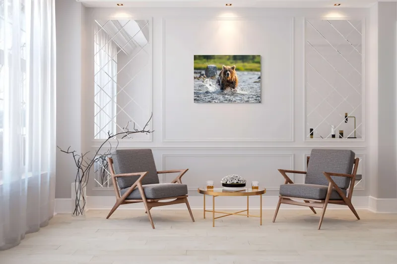 Tablou Canvas, "Ursul în bătaia valurilor repezi", Apă, Urs, Sălbăticie, Natură, Aventurează, Stropi, Putere, Concentrare, Culoare, 100 x 70 cm – poza 5