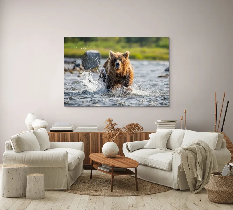 Tablou Canvas, "Ursul în bătaia valurilor repezi", Apă, Urs, Sălbăticie, Natură, Aventurează, Stropi, Putere, Concentrare, Culoare, 150 x 100 cm – poza 3