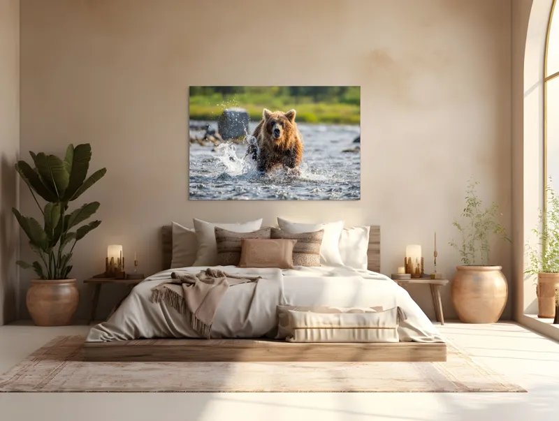 Tablou Canvas, "Ursul în bătaia valurilor repezi", Apă, Urs, Sălbăticie, Natură, Aventurează, Stropi, Putere, Concentrare, Culoare, 150 x 100 cm – poza 4