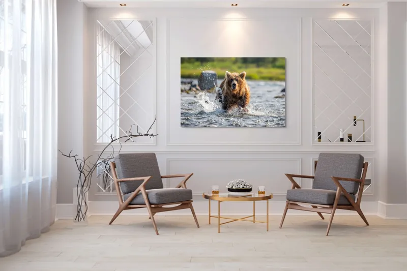 Tablou Canvas, "Ursul în bătaia valurilor repezi", Apă, Urs, Sălbăticie, Natură, Aventurează, Stropi, Putere, Concentrare, Culoare, 150 x 100 cm – poza 7