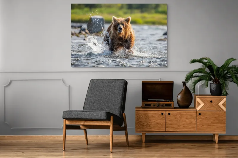 Tablou Canvas, "Ursul în bătaia valurilor repezi", Apă, Urs, Sălbăticie, Natură, Aventurează, Stropi, Putere, Concentrare, Culoare, 150 x 100 cm – poza 8