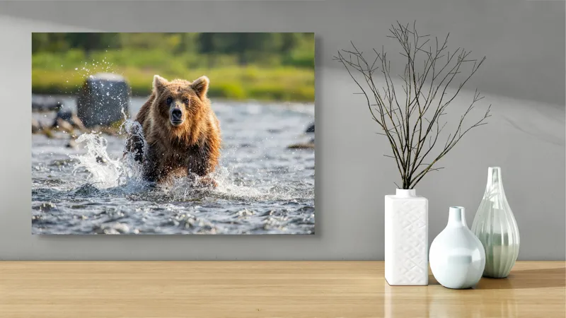 Tablou Canvas, "Ursul în bătaia valurilor repezi", Apă, Urs, Sălbăticie, Natură, Aventurează, Stropi, Putere, Concentrare, Culoare, 70 x 50 cm – poza 3