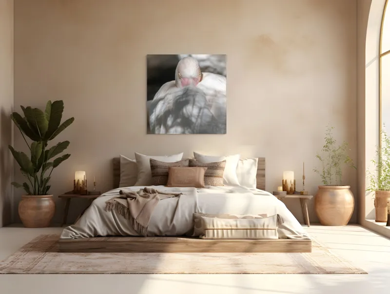 Tablou Canvas, "Pasărea enigmatică în umbra discretă", Pasăre, Albă, Ochi, Blană, Umbră, Detaliu, Textură, Gât, Lumină, Privire, 100 x 100 cm – poza 4
