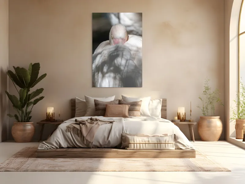Tablou Canvas, "Pasărea enigmatică în umbra discretă", Pasăre, Albă, Ochi, Blană, Umbră, Detaliu, Textură, Gât, Lumină, Privire, 100 x 150 cm – poza 3