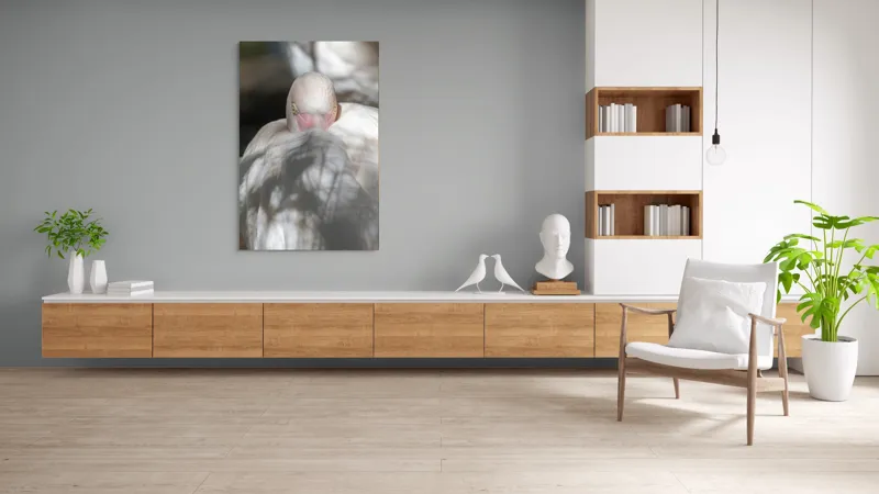 Tablou Canvas, "Pasărea enigmatică în umbra discretă", Pasăre, Albă, Ochi, Blană, Umbră, Detaliu, Textură, Gât, Lumină, Privire, 100 x 150 cm – poza 8
