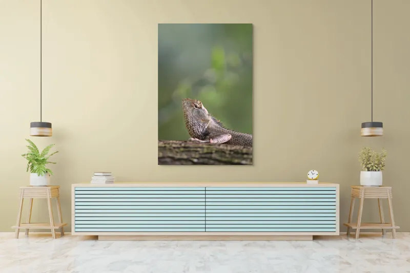 Tablou Canvas, "Șopârlă odihnindu-se pe trunchi verde", Șopârlă, Verde, Textură, Natură, Bokeh, Ramură, Solzi, Echilibru, Obișnuit, Relaxare, 100 x 150 cm – poza 4