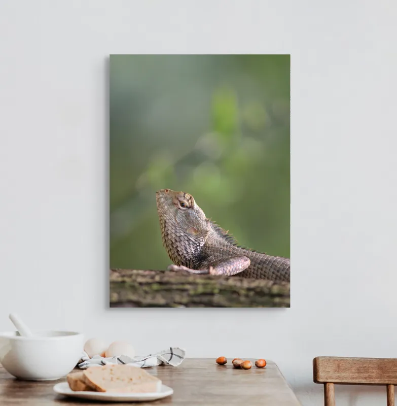 Tablou Canvas, "Șopârlă odihnindu-se pe trunchi verde", Șopârlă, Verde, Textură, Natură, Bokeh, Ramură, Solzi, Echilibru, Obișnuit, Relaxare, 50 x 70 cm – poza 3