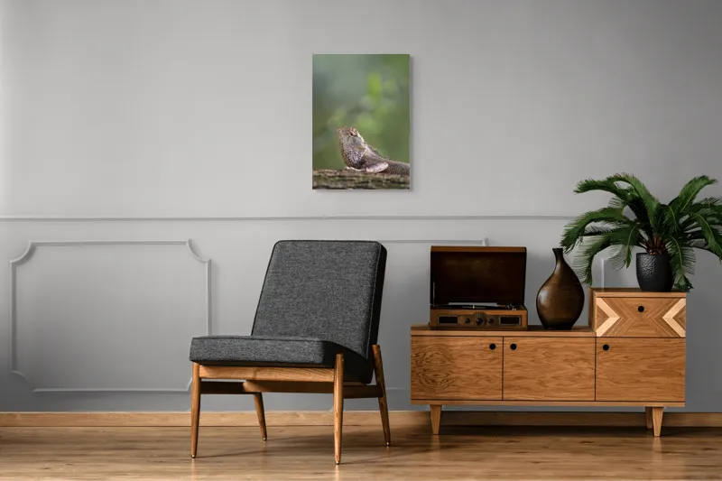 Tablou Canvas, "Șopârlă odihnindu-se pe trunchi verde", Șopârlă, Verde, Textură, Natură, Bokeh, Ramură, Solzi, Echilibru, Obișnuit, Relaxare, 50 x 70 cm – poza 8