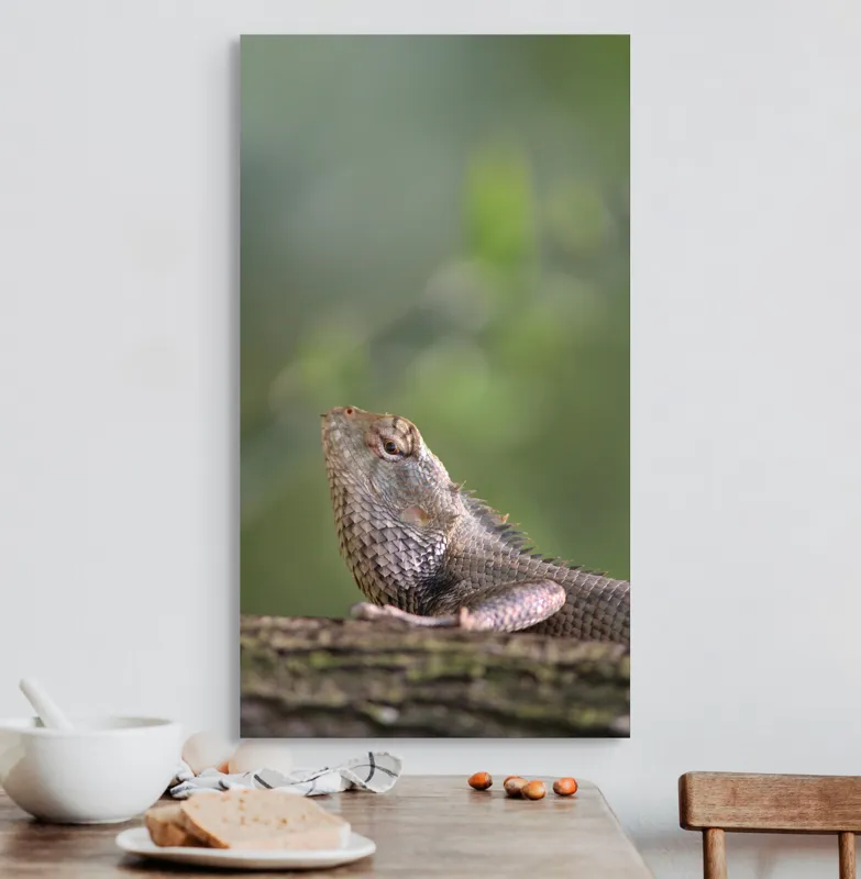 Tablou Canvas, "Șopârlă odihnindu-se pe trunchi verde", Șopârlă, Verde, Textură, Natură, Bokeh, Ramură, Solzi, Echilibru, Obișnuit, Relaxare, 50 x 90 cm – poza 3