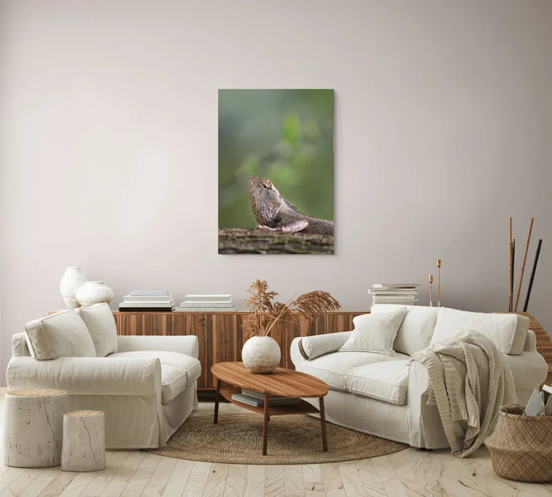 Tablou Canvas, "Șopârlă odihnindu-se pe trunchi verde", Șopârlă, Verde, Textură, Natură, Bokeh, Ramură, Solzi, Echilibru, Obișnuit, Relaxare, 70 x 100 cm – poza 4