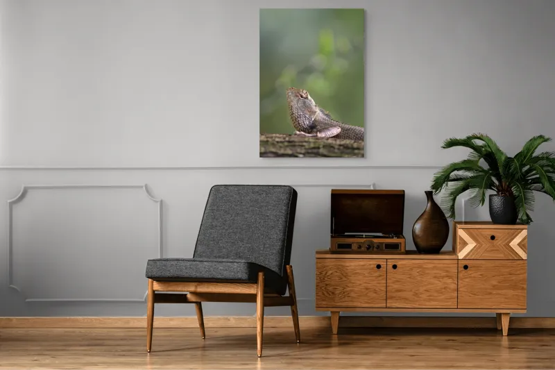 Tablou Canvas, "Șopârlă odihnindu-se pe trunchi verde", Șopârlă, Verde, Textură, Natură, Bokeh, Ramură, Solzi, Echilibru, Obișnuit, Relaxare, 70 x 100 cm – poza 6